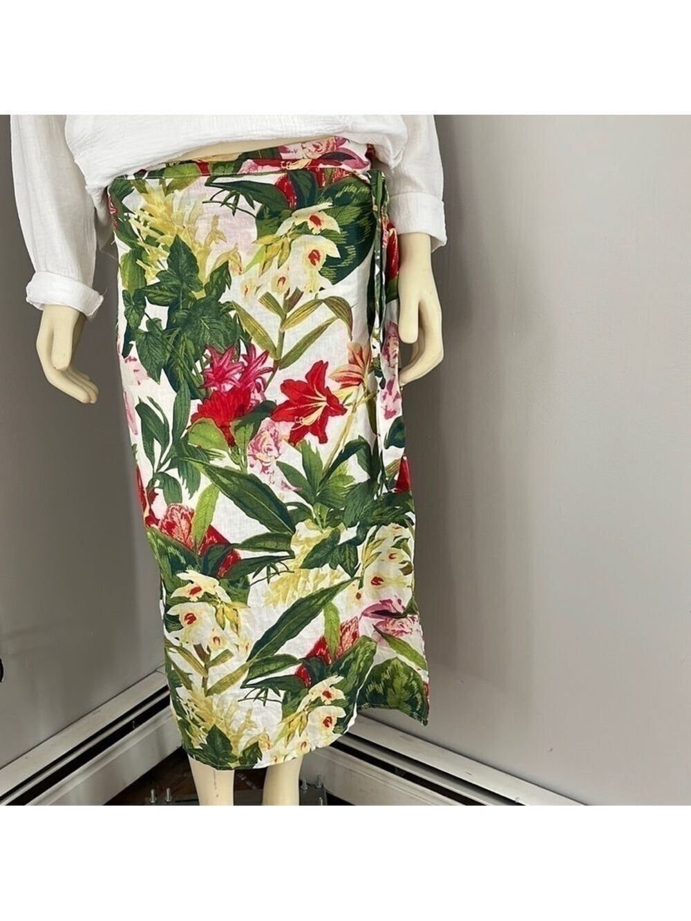NWT Panama Jack Linen Blend Floral Tropical Green White Red Midi Wrap Skirt M